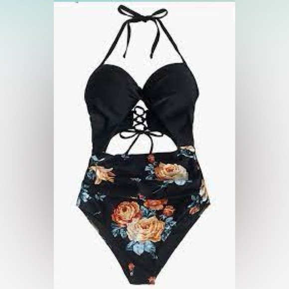 Floral Print Halter Tummy Control Lace up One Piece Swimsuit NWT Size M - Picture 3 of 3